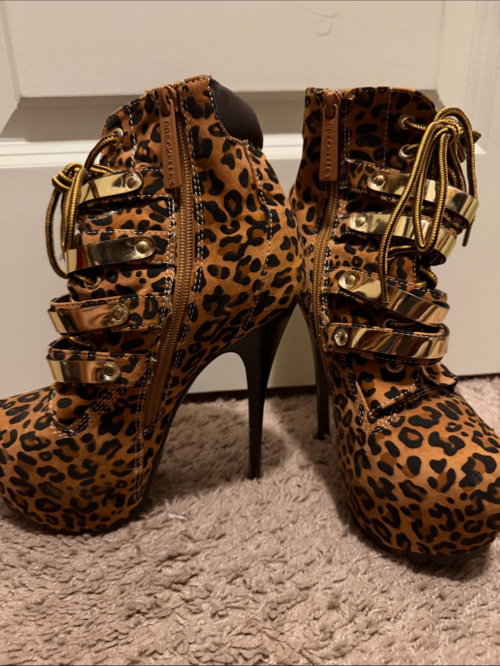 Breckelles Leopard Print Platform Ankle Booties with Gold Accent Straps